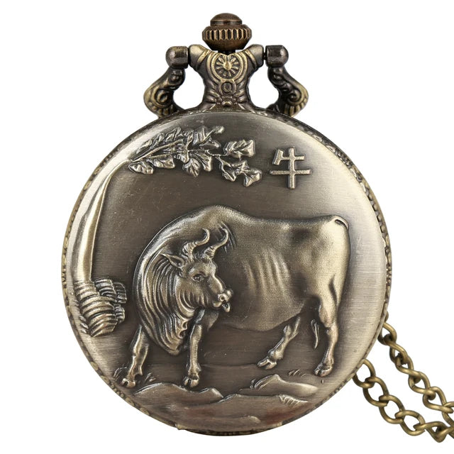 Bronze Chinese Zodiac Quartz Pocket Watch w/Chain