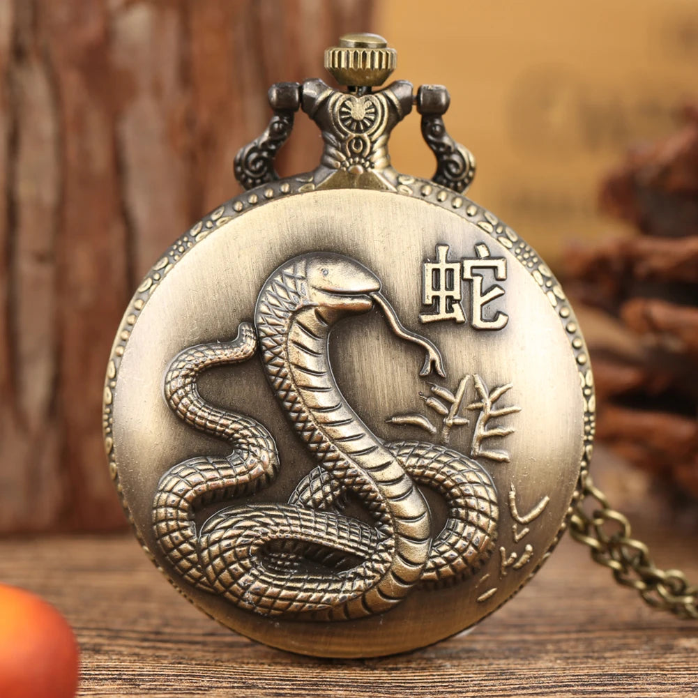 Unique Bronze Chinese Zodiac Quartz Pocket Watch Necklace Chain Pendant Fob Watch Steampunk Clock