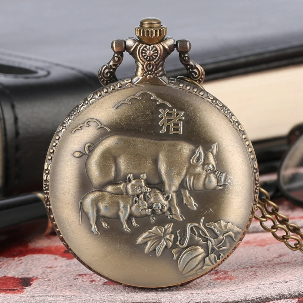 Bronze Chinese Zodiac Quartz Pocket Watch w/Chain