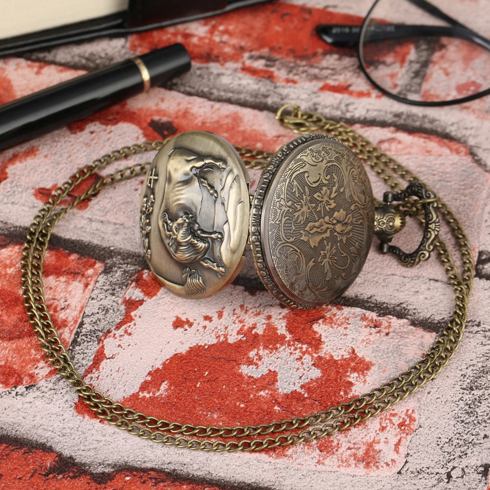 Bronze Chinese Zodiac Quartz Pocket Watch w/Chain