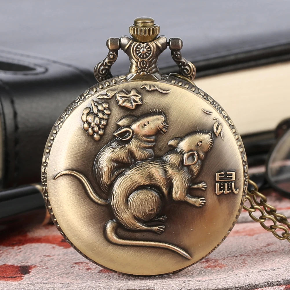 Bronze Chinese Zodiac Quartz Pocket Watch w/Chain