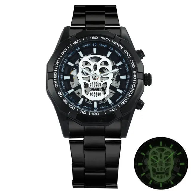 Mechanical Watch for Men - Skull Design with Golden Stainless Steel Strap - Skeleton Watch