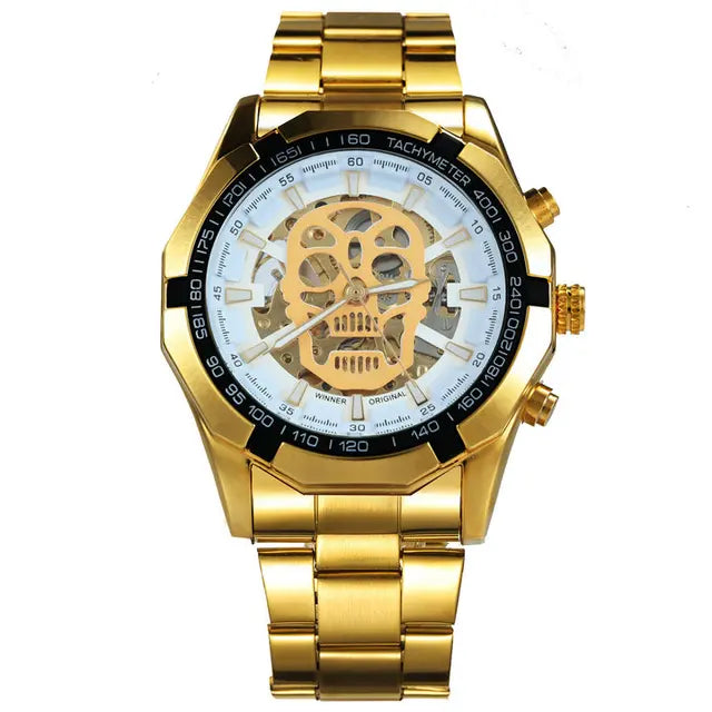 Mechanical Watch for Men - Skull Design with Golden Stainless Steel Strap - Skeleton Watch