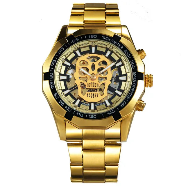 Mechanical Watch for Men - Skull Design with Golden Stainless Steel Strap - Skeleton Watch