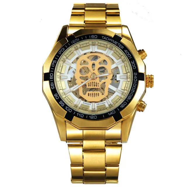 Mechanical Watch for Men - Skull Design with Golden Stainless Steel Strap - Skeleton Watch