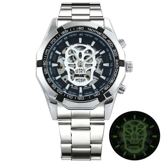 Mechanical Watch for Men - Skull Design with Golden Stainless Steel Strap - Skeleton Watch