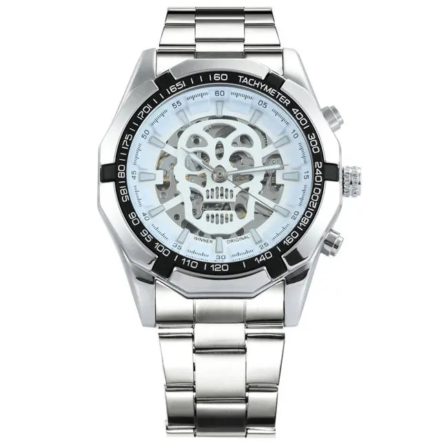 Mechanical Watch for Men - Skull Design with Golden Stainless Steel Strap - Skeleton Watch