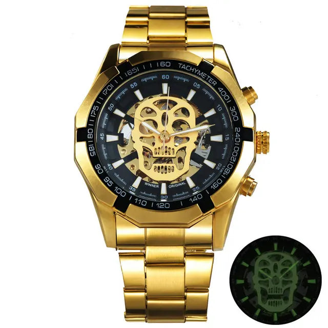 Mechanical Watch for Men - Skull Design with Golden Stainless Steel Strap - Skeleton Watch