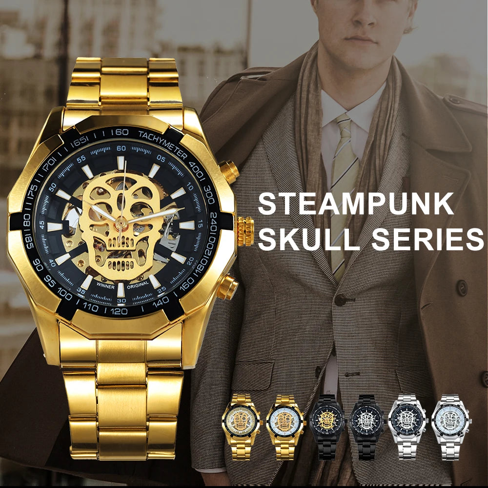 Mechanical Watch for Men - Skull Design with Golden Stainless Steel Strap - Skeleton Watch