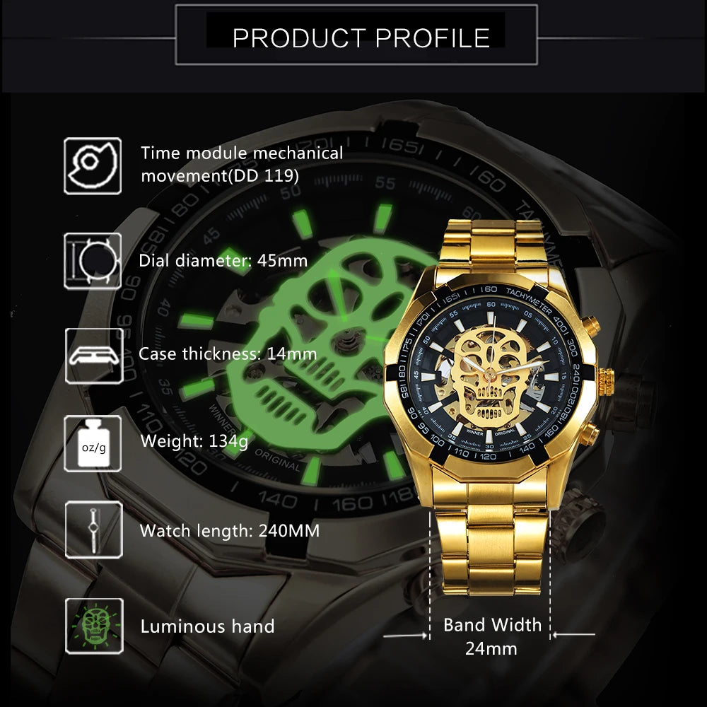 Mechanical Watch for Men - Skull Design with Golden Stainless Steel Strap - Skeleton Watch