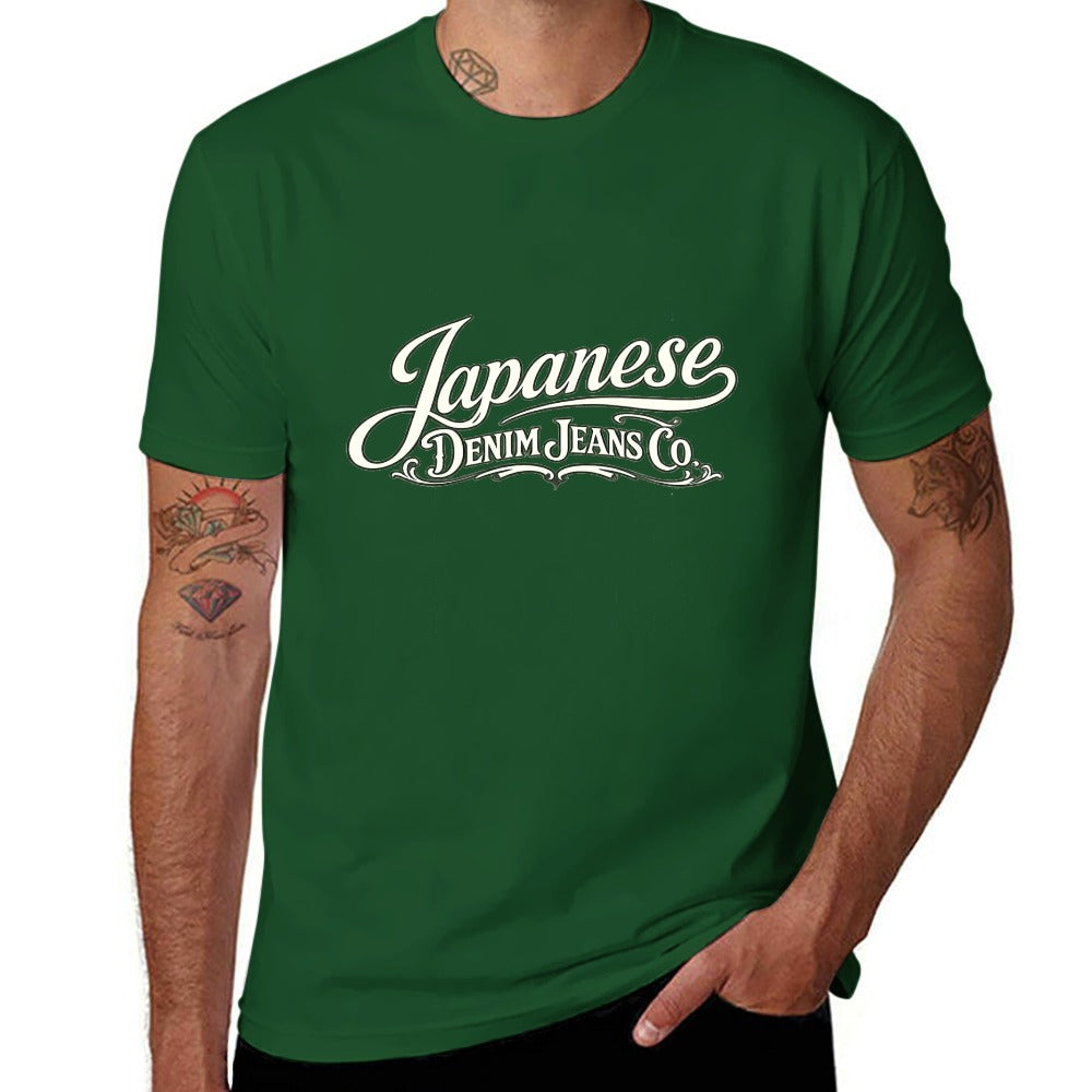 Japanese Denim Jeans Men's Short Sleeve Cotton T-Shirt - Green