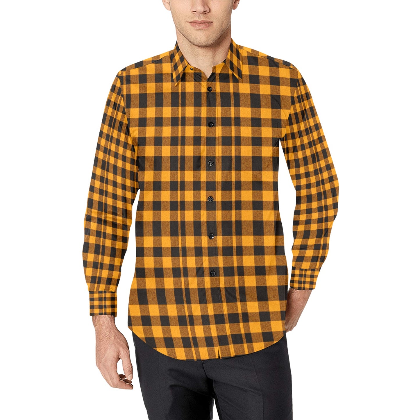 Goldenrod and Black Lumberjack Checkered Men's All Over Print Long Sleeve Shirt