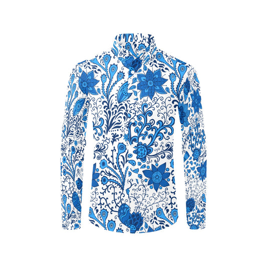 Blue Floral Pattern Men's All Over Print Long Sleeve Shirt