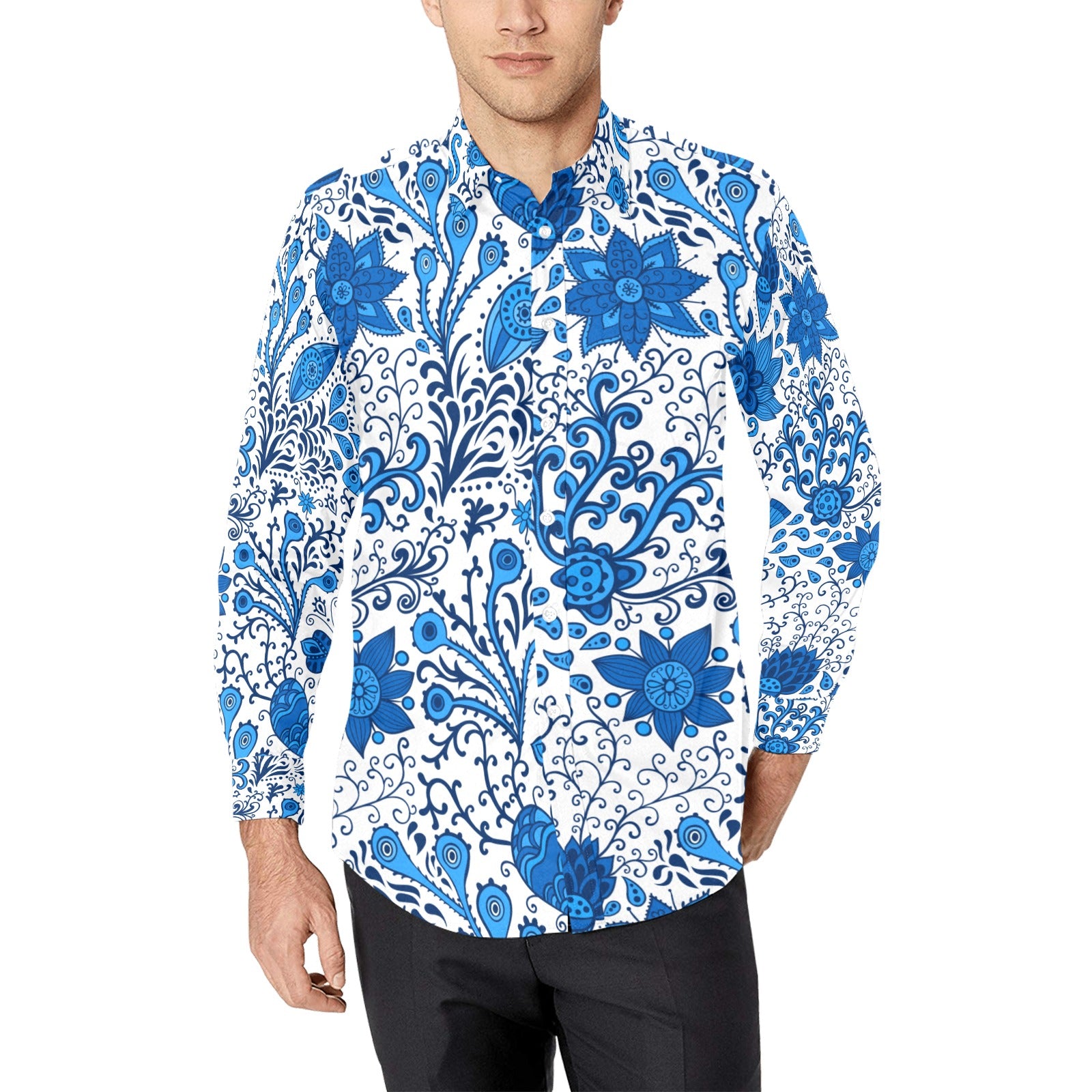 Blue Floral Pattern Men's All Over Print Long Sleeve Shirt