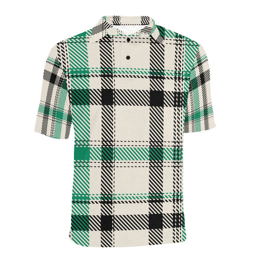 Green/Beige Plaid Men's All Over Print Polo Shirt